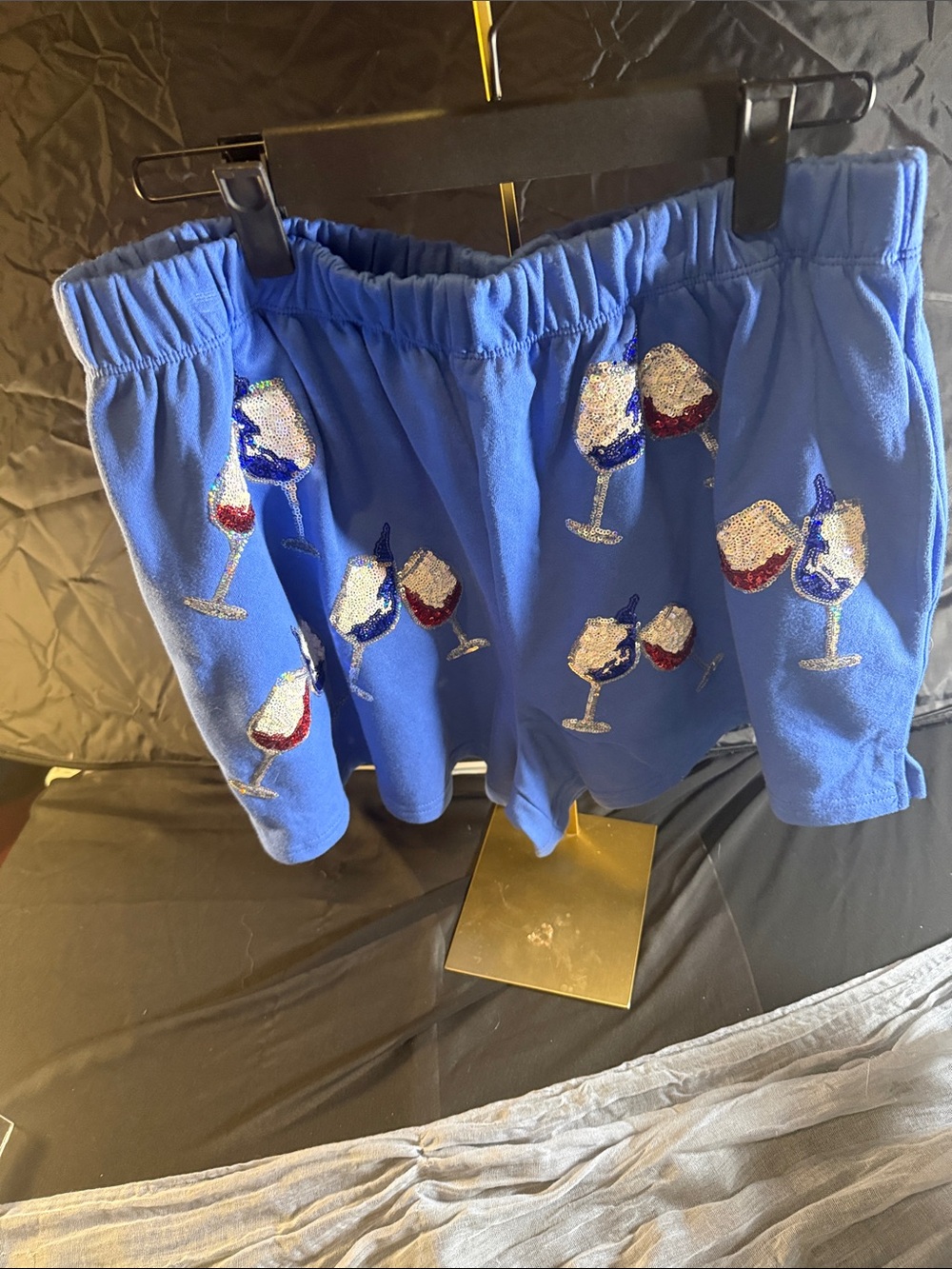 Peach Love California Blue Sequin Wine Glass Embroidered Pajama Shorts